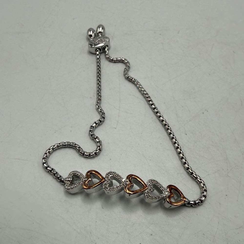 Two Tone Heart Bolo Bracelet Silver Rose Gold Tone Adjustable Pavé Crystal